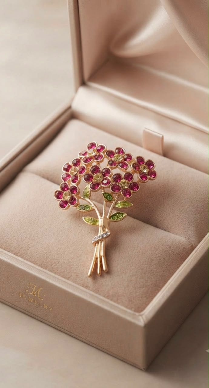 Luxury Pink Flower Bouquet Crystal Pin