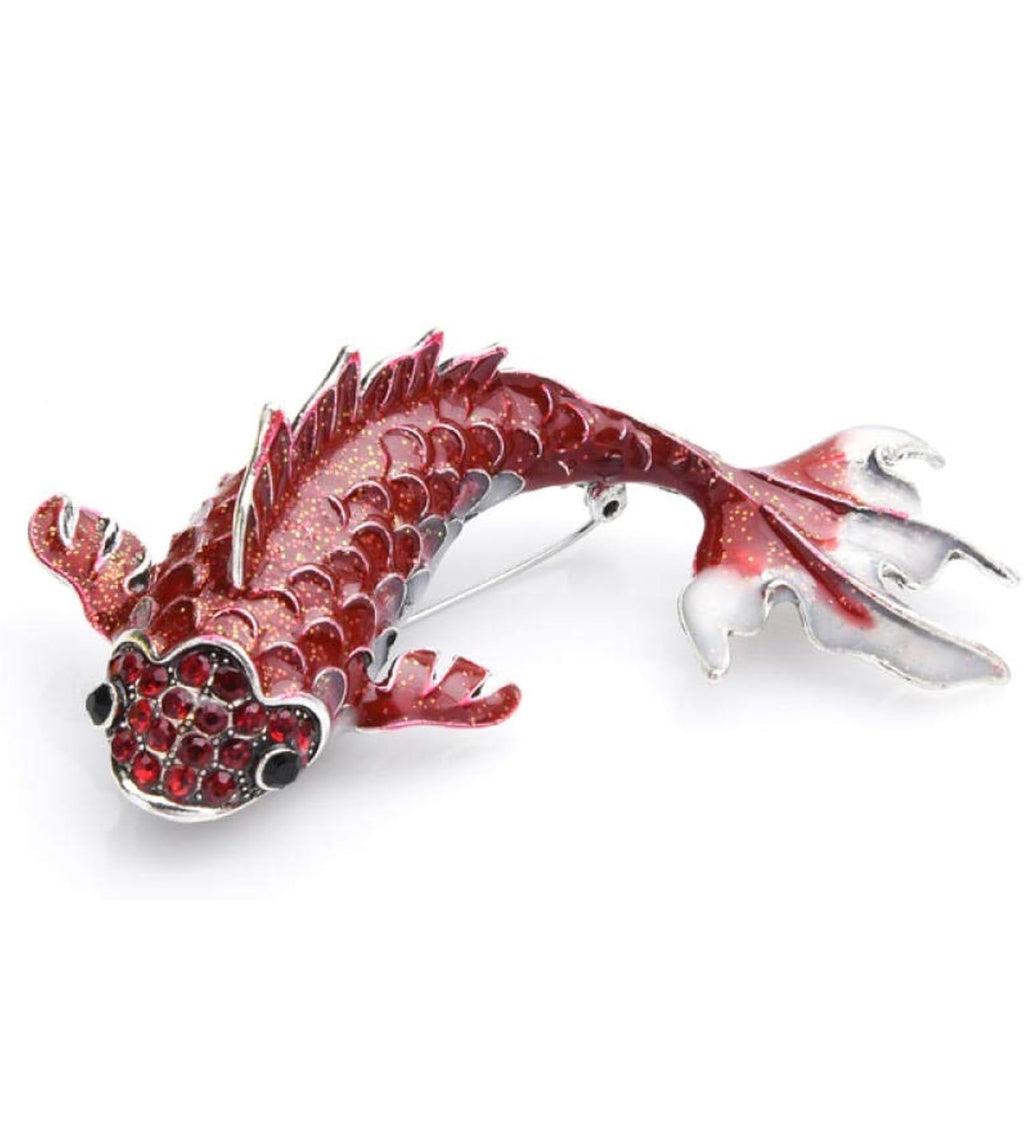 Red Koi Fish Brooch Pin -Enamel Lucky Carp Pin,Sparkle Fish Pin,Crystal Lapel Pin,Oriental Inspired Jewelry Gift ,Elegant Accessory