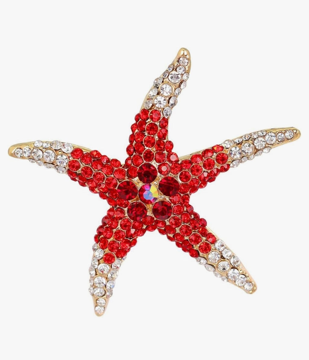 Starfish Star Brooch Pin Red Clear Rhinestone 2" Diameter Beach